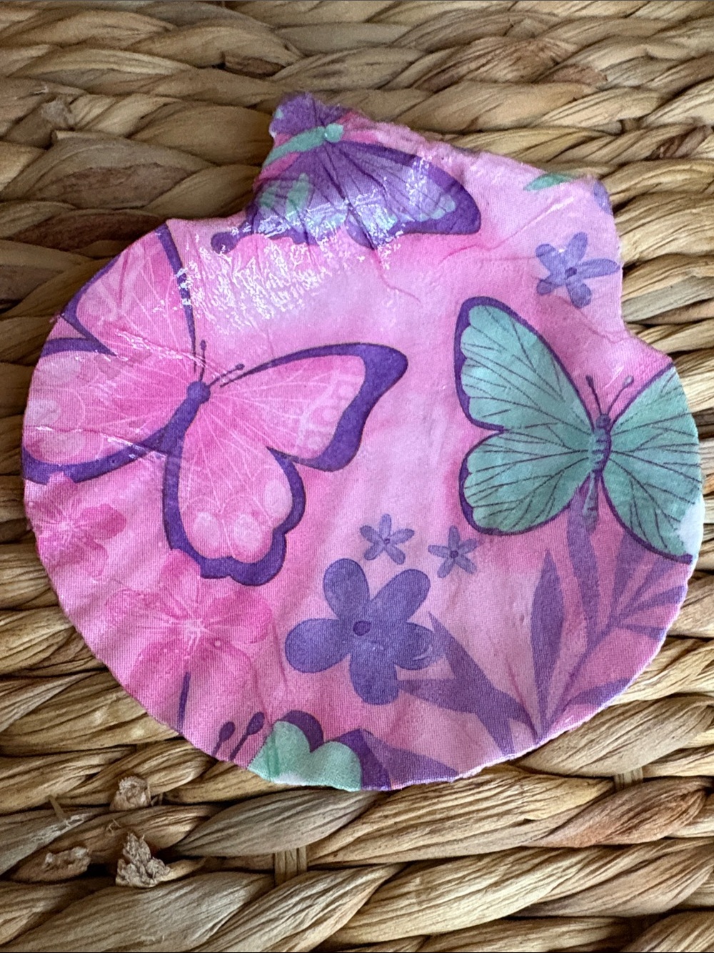 Hand Crafted Pink and Mint Butterfly SHELL dish decor with Purple Accents